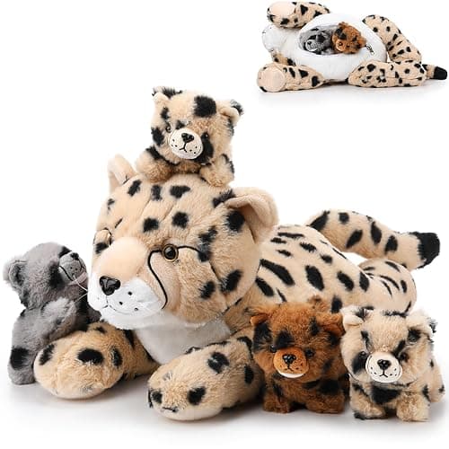 Silipull 5 Pcs Cheetah Stuffed Animals Set Large Mommy Cheetah Plush with 4 Soft Cuddly Baby Cubs in Her Tummy for Boys Girls Birthday Graduation Gifts Forest Party Decors (Lying Style) - Image 1