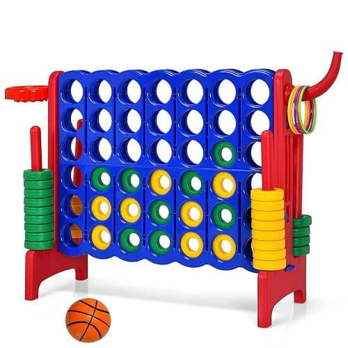 Costzon Giant 4-in-A-Row, Jumbo 4-to-Score Giant Game w/Basketball Hoop, Ring Toss, Quick-Release Slider, 42 Jumbo Rings, Indoor Outdoor Family Connect Game for Kids & Adults, Backyard Games, Red - Image 1