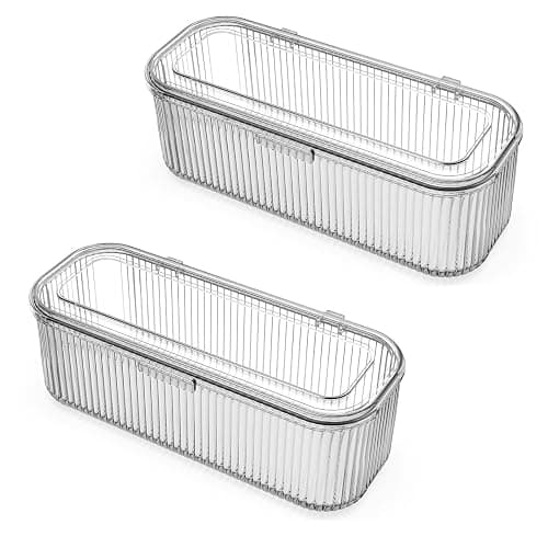 JessLab Makeup Brush Holder Organizer, Clear Makeup Sponges Organizer, Cosmetic Storage Case with Lid Display Case for Vanity, 1 Compartment (2 Pack) - Image 1