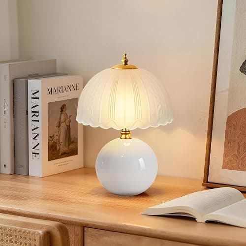 PARTPHONER Mushroom Table Lamp, Ceramic Bedside Lamp with Glass Shade, 3-Way Lighting (2700K-5000K) Rocker Switch, Small Nightstand Lamp for Bedroom, Living Room, Office, White - Image 1