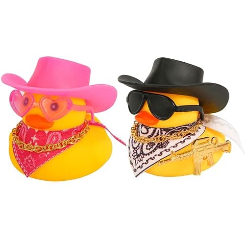 PEUTIER 2pcs Rubber Duck Car Ornaments, Funny Rubber Ducks Car Dashboard Decorations Duck Car Accessories with Cowboy Hat Mini Scarf Necklace and Sunglasses for Car Desk Office Decor - Image 1