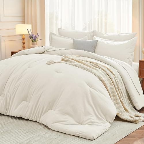 MUXHOMO 7 Pieces Queen Comforter Set, Soft Bed in a Bag Queen Size, All Season Bedding Set with Comforter, Flat Sheet, Fitted Sheet, Pillowcases & Shams, Ivory - Image 1
