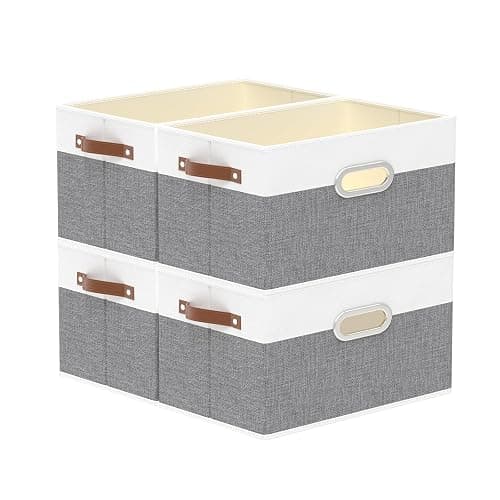 Yawinhe Fabric Storage Baskets, Foldable Closet Organizer for Shelves, Large Boxes with 3 Handles, Canvas Bins for Clothes, White/Grey, 12.99''Lx9.05''Wx7.87''H, 4-Pack - Image 1