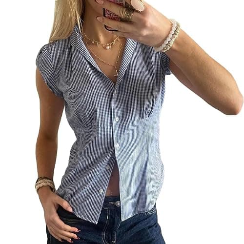Women Y2k Plaid Button Up Shirt Cute Preppy Cap Sleeve V Neck Crop Top Coquette Babydoll Blouse Fitted Going Out Top - Image 1