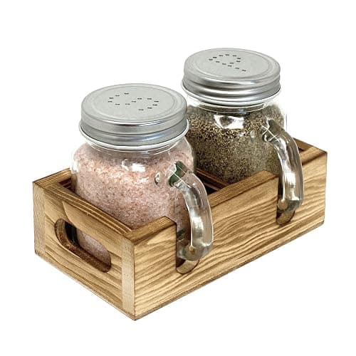 Mason Jar Salt and Pepper Shakers - Glass Shaker Set with Wood Holder Caddy, Easy to Clean & Refill for Farmhouse Kitchen Table, Home and Gifts - Image 1