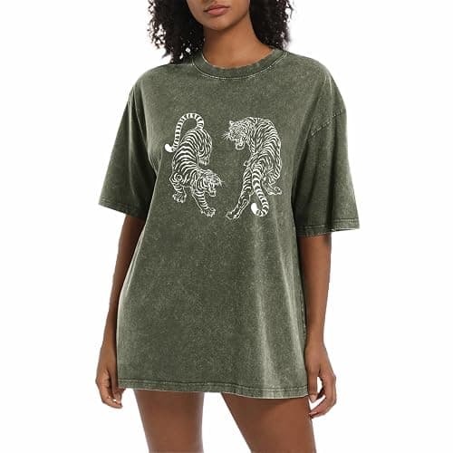 Weetiotio Tiger Graphic Tees Shirt for Women Oversized Streetwear Shirts Acid Wash Tshirt Tigers Print Cotton Summer Tops - Image 1
