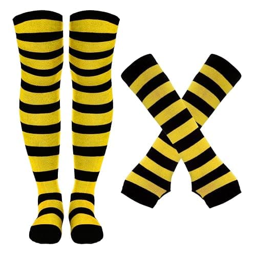 Tongcloud Women's Striped Knee High Socks, Over Knee Thigh High Socks, Arm Warmer and Fingerless Gloves Set - Image 1
