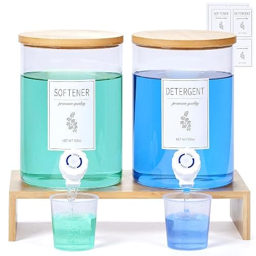 Glass Laundry Detergent Dispenser with Shelf & Bamboo Lid - 120 Oz Liquid Detergent, Laundry Soap & Fabric Softener Dispenser for Laundry Room Organization and Storage with 2 Cups & 8 Labels - Image 1