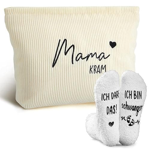 Jadive 2 Stück Geschenkset für Werdende Mütter Mama Kram Kosmetiktasche aus Cord mit Reißverschluss Schwangerschaft Rutschfeste Socken für Neue Mama Frauen Babyparty Verkünden (Cremeweißer Cord, weiß) - Image 1