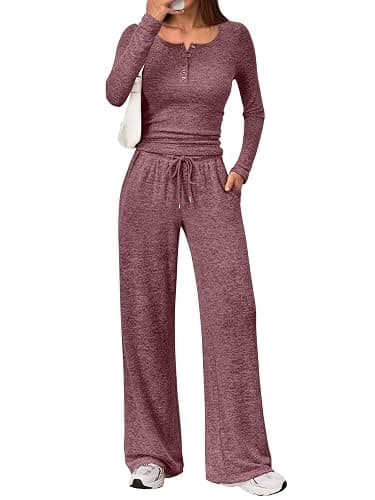 Trendy Queen Women's 2 Piece Matching Lounge Sets Fall Fashion Outfits Henley Neck Sweater Top Wide Leg Pants Sweat Suits - Image 1