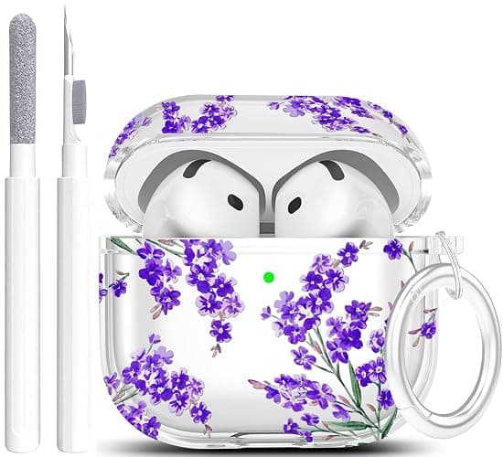 Case for AirPods 4 - Wonjury Clear Case Cover Floral Print Skin Women Girls with Keychain Cleaner Tool for Apple Airpods 4th 2024 - Flower Purple - Image 1