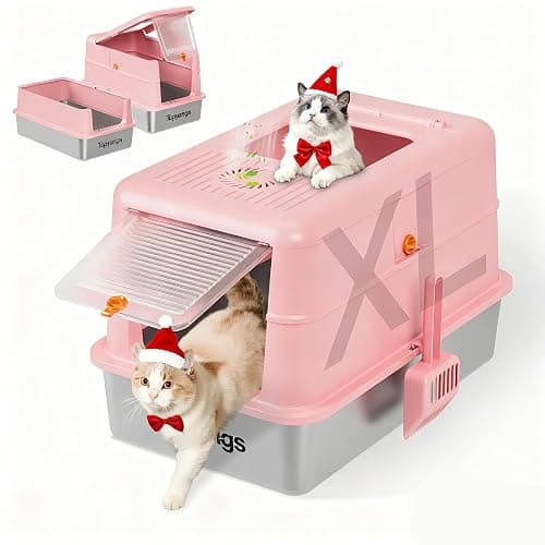 Topyangs Pink Stainless Steel Litter Box with Lid, 135° Flip-Top Enclosed Cat Litter Box, Odor-Control Metal Breeze System, Covered High Sides Anti-Spill, Cat Lover Gift - Image 1