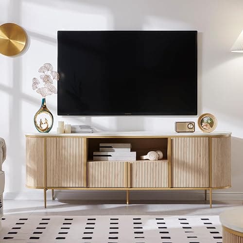 OKD Luxury 70" Fluted TV Stand, Modern Chic Entertainment Center for TVs Up to 80 inches, TV Console with Faux Marble Top, Curved Profile Design, Media Console for Living Room, Natural Oak - Natural Oak - Image 1