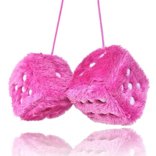 Fuzzy Plush Dice for Car Mirror, Pair of Retro 3” Pink Dice with White Dots for Car Interior Hanging Ornament Decoration - Image 1