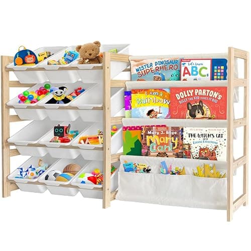 EXPERLAM Toy Storage Organizer with Bookshelf - 12 Storage Bins 4-Tier Multipurpose Shelf to Organize Toys and Books for Kids Room, Playroom, Nursery Room, White - White - Image 1