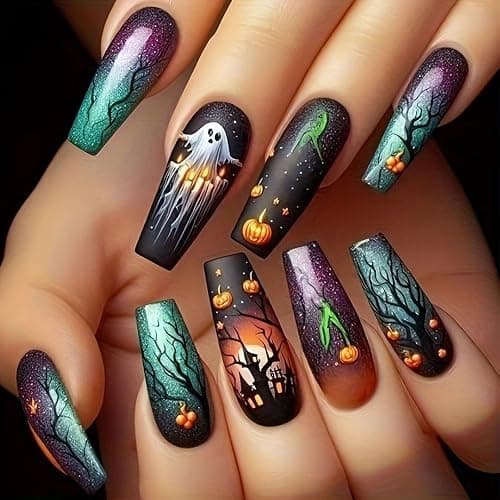 Halloween Press on Nails Medium Coffin Cute Ghost Pumpkin Designs Acrylic Fake Nails Halloween Nails Press ons Glossy Glue Stick on Nails for Women 24 Pcs - Image 1