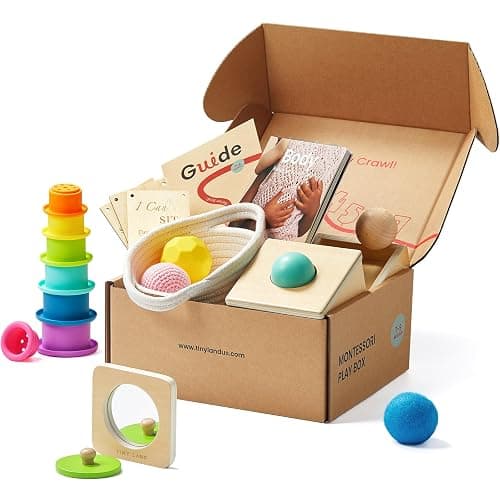 Tiny Land Montessori Toy Set for Babies 7-9 Months Senser Play Kit - 5-in-1 Wooden Learning Toys with Object Permanence Box, Sensory Ball, Stacking Cups and Mirror Puzzle,Body Board Book - Image 1
