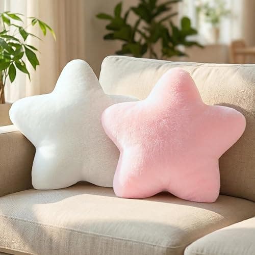 FSRONGXI 2PCS Star Pillow Set, 15.35’’ Cute Pink White Decorative Star Shaped Throw Pillows for Bed Couch, Aesthetic Soft Faux Plush Pillow Cushion for Room Bedroom Decor Sofa Chair (Pink&White) - Image 1