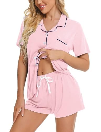 SWOMOG Womens Pajamas Set Button Down Soft Short Sleeve Sleepwear Loungewear 2 Pcs Pjs Shorts Set XS-XXL - Image 1