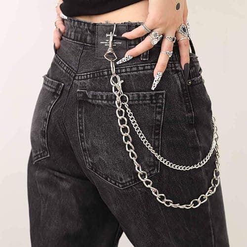Bomine Hip Hop Pants Jean Chain Goth Punk Silver Trousers Chains Biker Heavy Thick Wallet Pocket Chains Silver Keychains Body Jewelry for Men and Women (Silver), 1 Count (Pack of 1) - Image 1