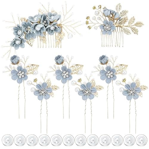 inSowni 20 Pack Classy Dusty Blue Flower Bridal Wedding Hair Side Combs+Floral Hair Pins+Twist Spiral Pearl Hair Pins Clips Pieces Formal Prom Headpieces Accessories for Brides Bridesmaids Women Girls - Image 1