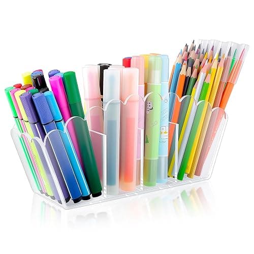 Novacrylion Scalloped Acrylic Pencil Holder – Clear Desk Organizer with 4 Compartments – Makeup Brush Holder & Remote Caddy for Office, Bathroom, Table – Party Accessory - Image 1