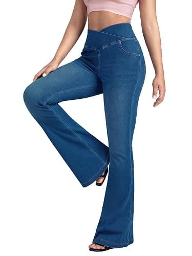 BlueRose Flare Jean Leggings for Women,Bell Bottom Jeans for Women Knit Crossover High Waisted Bootcut Jean - Image 1