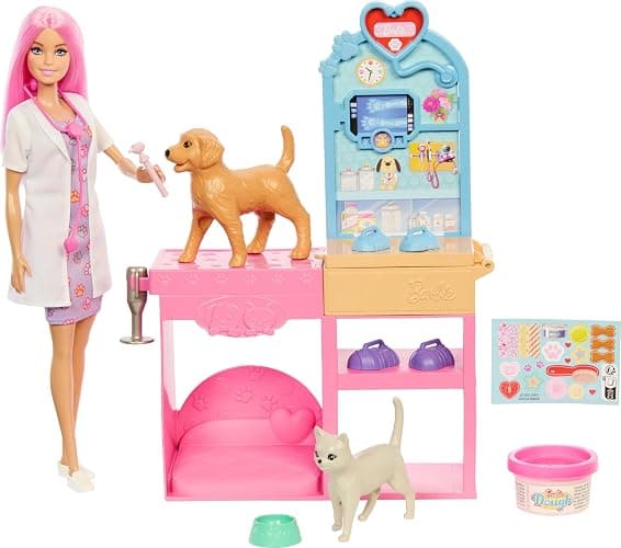 Barbie Fast Cast Veterinarian Clinic Playset with Pink Colored Hair Fashion Doll, Vet Furniture & 10+ Accessories Including Molds & Dough for Bandages - Image 1