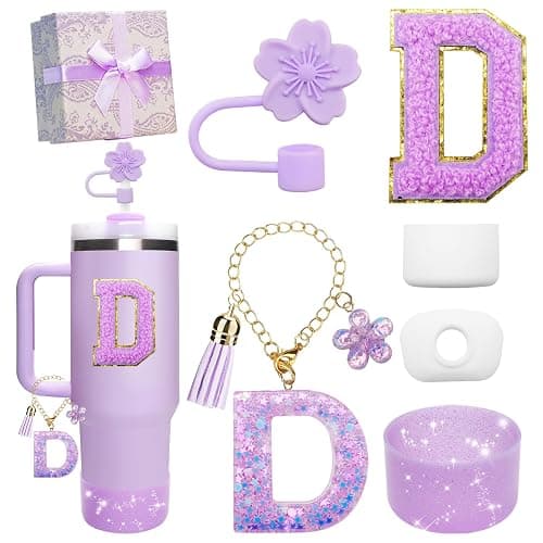 Miglaja Purple Accessories for Stanley Cup 30OZ 40OZ, All Accessories Gift Box Contain Flower Straw Topper, Sillicone Boot, Letter Stickers and Pendants,Spill Stopper Set (Purple D) - Image 1