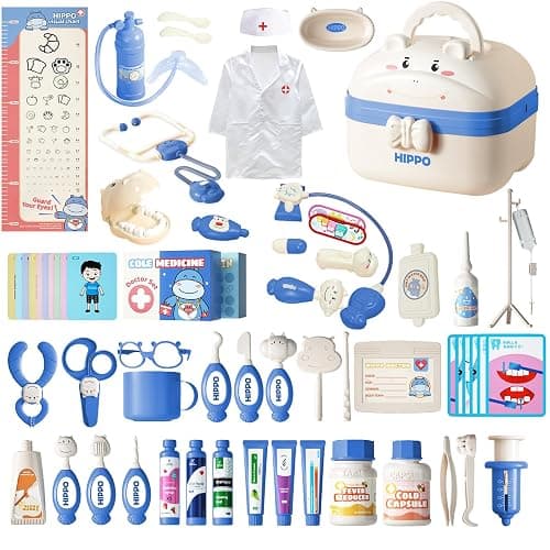 RedCrab Kids Doctors Play Set, 62PCS Cute Hippo Pretend Play Medical Kit with Clothes, Stethoscope and Carry Case,Doctor Kit for Toddlers 3-5 6-8 Boys Girls Christmas Birthday Gift (Blue) - Blue - Image 1