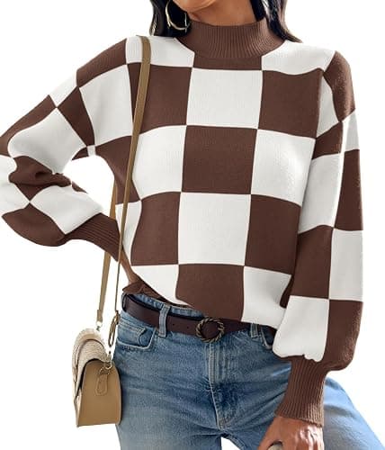 ATHMILE Womens Fashion Turtleneck Sweater Long Sleeve Plaid Ribbed Knit Loose Pullover Tops Trendy Office Outfits - Image 1