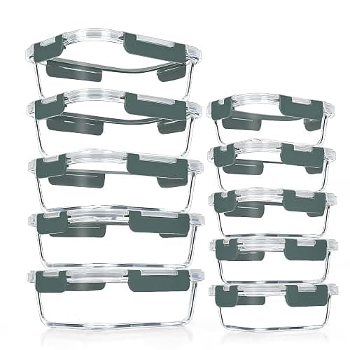 VERONES 10 Pack Glass Meal Prep Containers, Airtight Glass Lunch Containers, Stackable Glass Food Storage Containers Set with Lids,Exclusive of BPA,for Microwave, Oven, Freezer & Dishwasher,Grey - Image 1