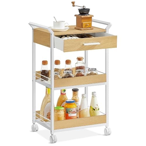 VASAGLE Storage Cart, 3-Tier Rolling Utility Cart with Table Top, Handles, 4 Lockable Casters, Top Drawer, Mesh Shelves, for Kitchen, Bathroom, Bedroom, Golden Oak and Cloud White ULRC048N01 - Image 1