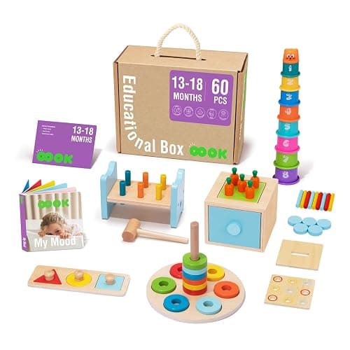 TOOKYLAND Montessori Toys for 1 Year Old, 8 in 1 Learning Educational Set Wooden Toys (Includes Stacking Cups, 3-in-1 Educational Box, Pound Bench, Shape Puzzle and More) - Image 1