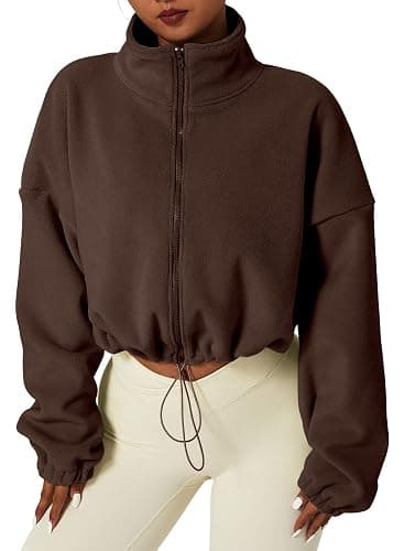 QINSEN Women's Full Zip Fleece Short Jacket Warm Winter Long Sleeve Stand Collar Sherpa Crop Coat - Image 1