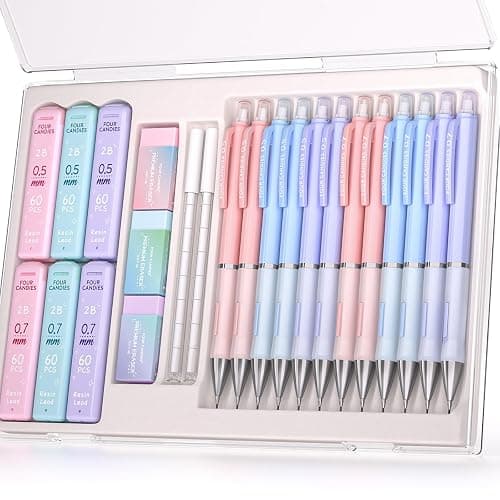 Four Candies Mechanical Pencil Set - 0.5 mm & 0.7 mm, 12PCS Cute Pencils Mechanical with 720PCS (HB & 2B) Lead Refills & 21PCS Erasers & 1PCS Storage Case, Pastel Aesthetic Lead Pencils for School - Image 1