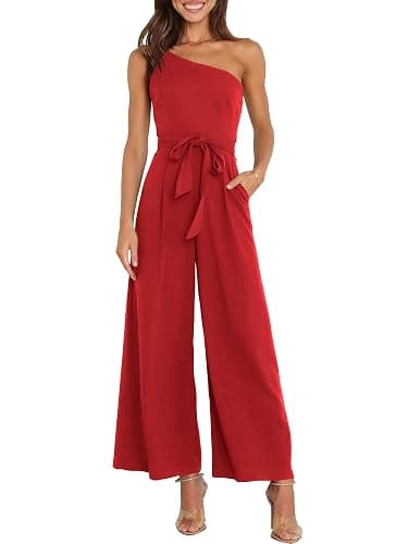 ANRABESS Women Summer Dressy Jumpsuits One Shoulder Sleeveless Casual Wide Leg Pants Romper Jumper 2025 Trendy Fall Outfits - Red - Small - Image 1