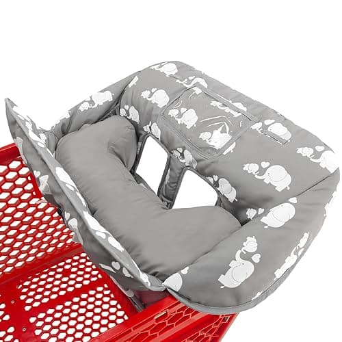 Soft Pillow Attached 2-in-1 Shopping Cart and High Chair Cover for Baby, Cotton Padded Cart Cover, Fold'n Roll Style, Portable with Carry Bag (Gray Elephant) - Image 1