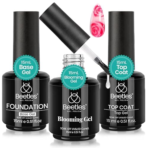 Beetles Blooming Gel & Base Top Coat Set, 3PCS 15ML Shine Finish Long Lasting No Wipe Top Coat Gel Nail Polish Base Spreading Marble Effect Soak off UV LED Nail Art Gifts for Women - Image 1