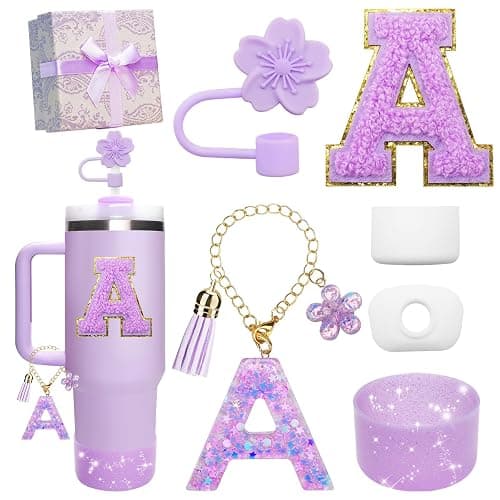 Miglaja Purple Accessories for Stanley Cup 30OZ 40OZ, All Accessories Gift Box Contain Flower Straw Topper, Sillicone Boot, Letter Stickers and Pendants,Spill Stopper Set (Purple A) - Image 1