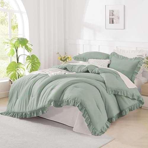 Andency Green Queen Comforter Set, 3 Pieces Farmhouse Shabby Chic Bedding | Bed Set for Queen Bed, All Season Soft Lightweight Polyester Bed Set for Men Women - Image 1