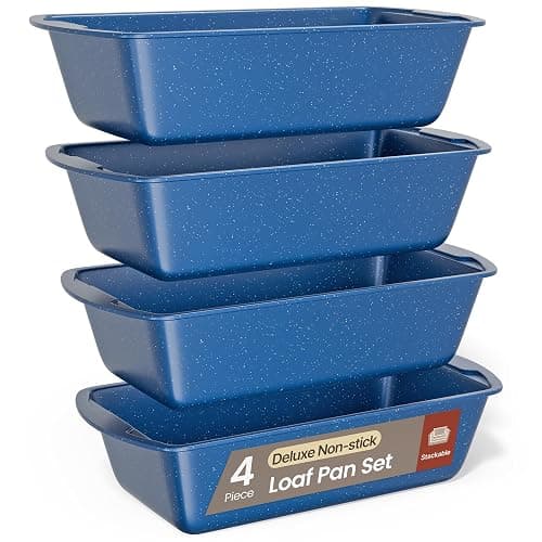 Nonstick Loaf Pan Set Pack of 4, Carbon Steel 11" Large Baking Bread Pan, Oven Safe Up to 450°F, PFOA, PFOS, PTFE Free, Space Saving Stackable Design, Stain Resistant, Dishwasher Friendly, Blue Marble - Image 1