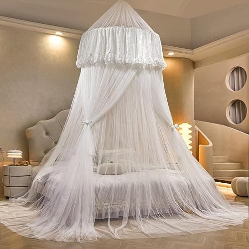 AIKASY Princess Bed Canopy for Girls – Double Layer Sheer Mesh Dome with Romantic Lace Trim, Dreamy Mosquito Net Tent for Twin/Full/Queen/King Beds(White) - Image 1
