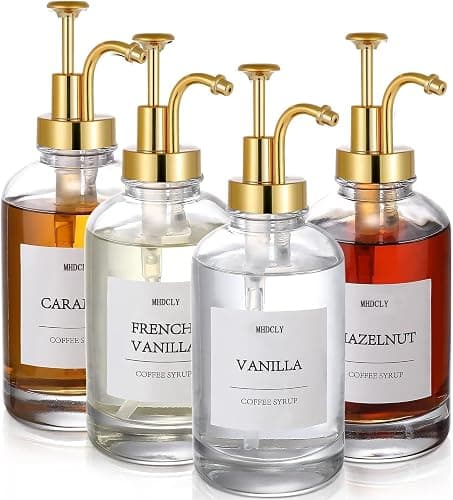 MHDCLY Coffee Bar Accessories, Coffee Syrup Dispenser - 4pack,16.9oz Syrup Dispenser with Labels,Syrup Pump Dispenser for Coffee Bar(Gold Pump) - Image 1