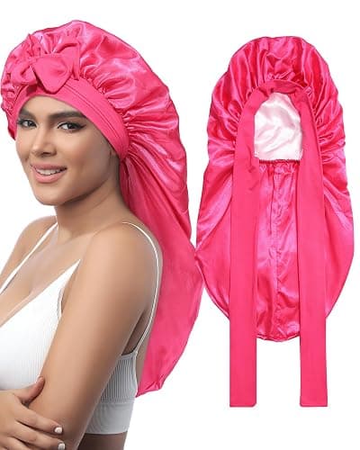 AWAYTR Long Satin Bonnet for Sleeping - Double Layer Reversible Silk Bonnet for Long Hair Women Sleeping Cap with Tie Band - Image 1