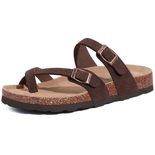 Litfun Women's Genuine Suede Cork Footbed Sandals Comfortable Summer Slides with Adjustable Buckle - Image 1