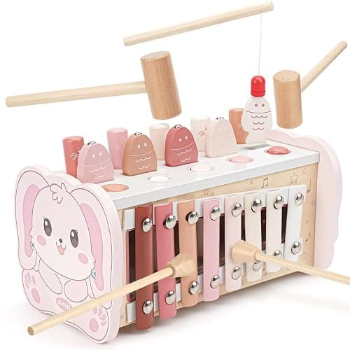 Joyreal Montessori Toys for 1 Year Old Girl Gift - Pink Wooden Hammering Pounding Toy with Xylophone & Fishing Game - Toddler Learning Activities for Kids 1+ 2 3 Year Old Christmas Birthday Gifts - Image 1