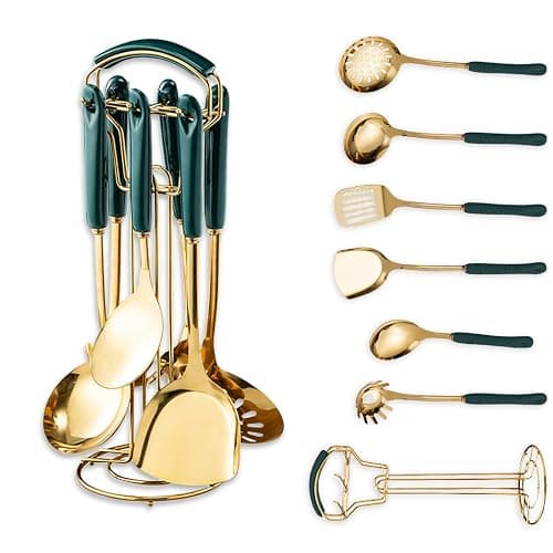 Gold Kitchen Utensils,7pieces Gold Cooking Utensils Set,Kitchen Tools Set With Utensil Holder, gold kitchen accessories,Dishwasher Safe, Easy To Clean(Green) - Image 1
