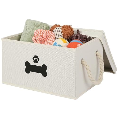 GreenPetopia Dog Toy Basket with Lid, Dog Basket for Toys, Dog Toy Box with Cotton Rope Handles, Collapsible Storage Bins for Dog Toys, Dogs Storage Organizer, Beige - Image 1