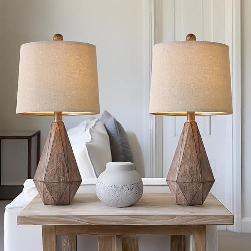PoKat 20.25" Retro Farmhouse Table Lamp Set of 2 - Living Room & Bedroom Rustic Linen Bedside Nightstand Lamps for Kids, Study, Office - Resin, Suitable for Small Places - Image 1